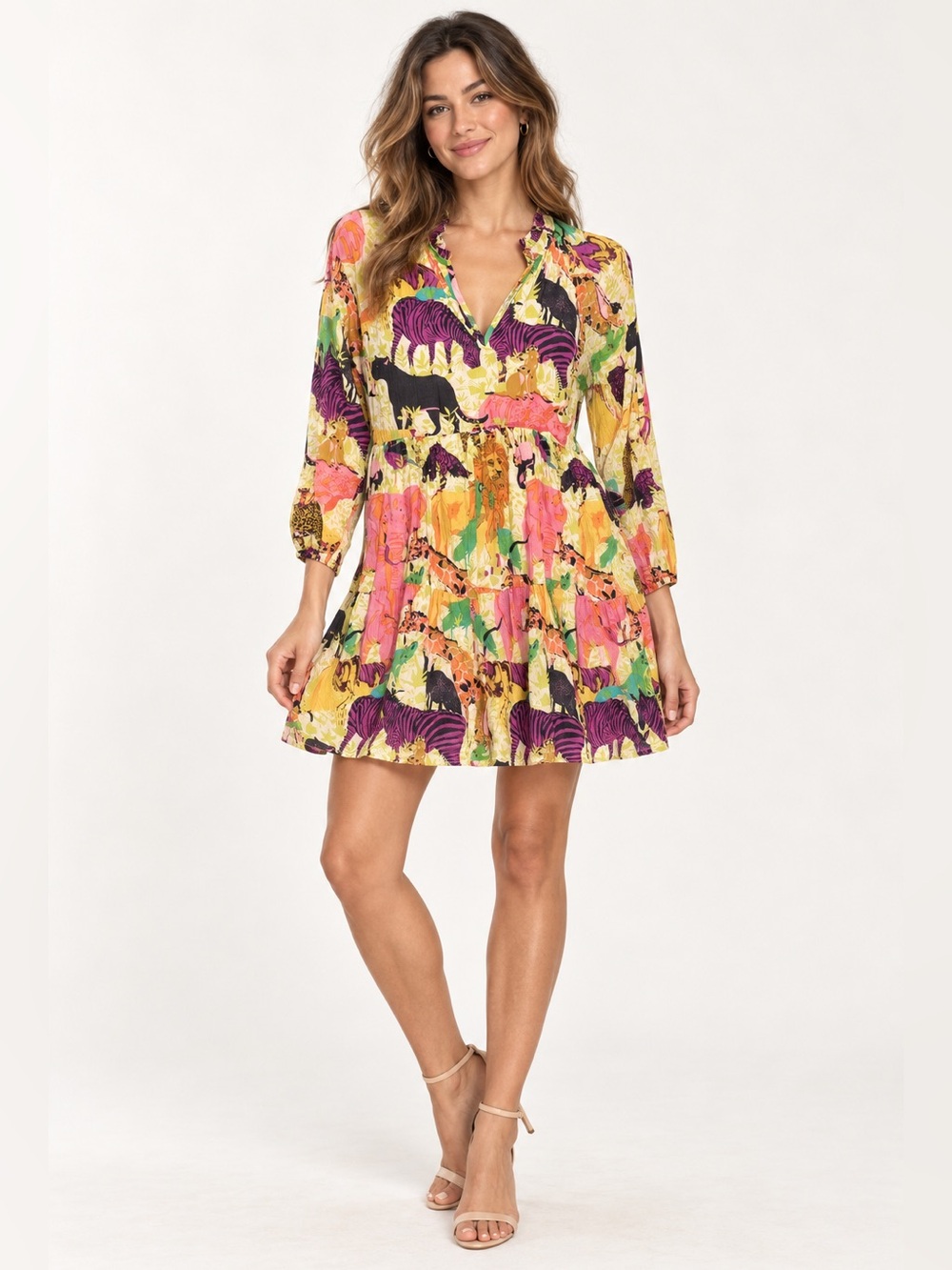 J.Crew XS Colorful Safari Animal Print Tiered Mini Dress 3/4 Sleeve Zebra